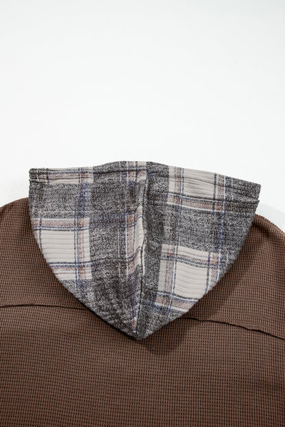 Brown Plaid Patchwork Button Down Drawstring Hooded Shacket