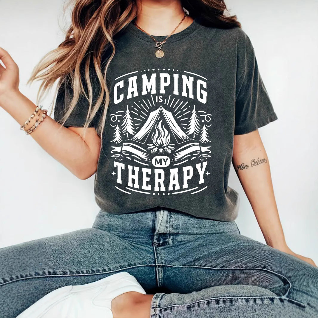 Camping Therapy T-Shirt with Campfire Print