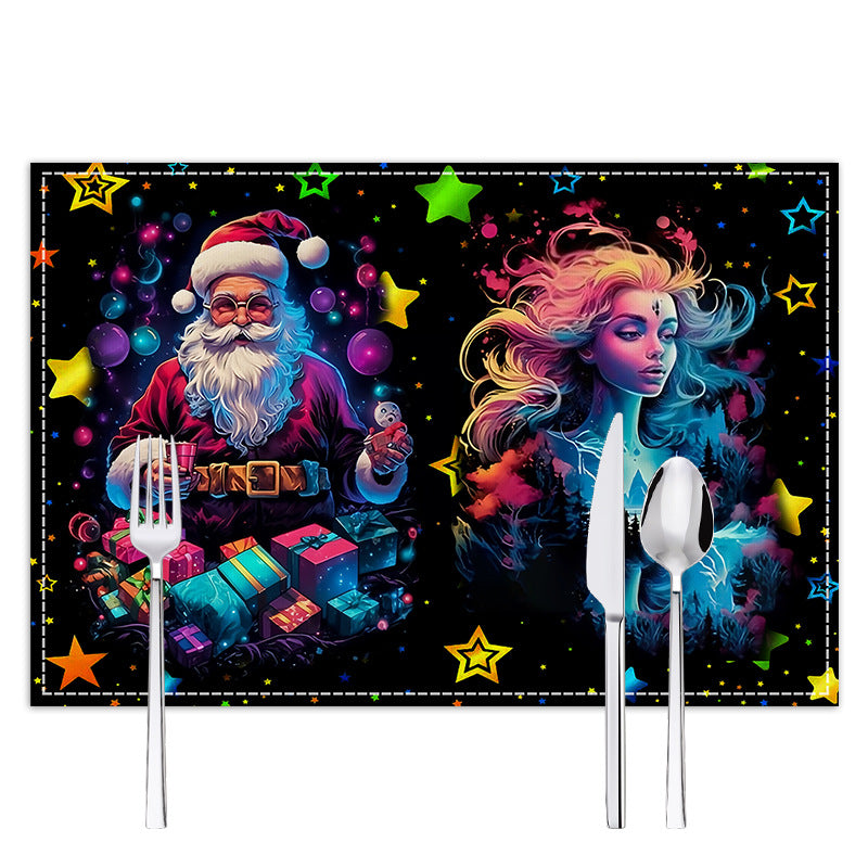 Neon Christmas table mat with white linen starry sky and Santa Claus print