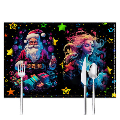Neon Christmas table mat with white linen starry sky and Santa Claus print