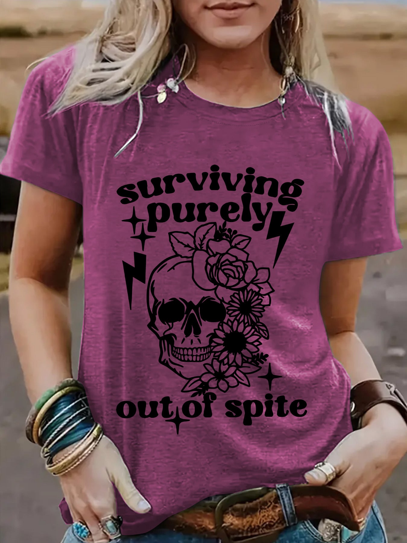 "Surviving Purely Out of Spite" Short-Sleeved T-Shirt with Skull Print