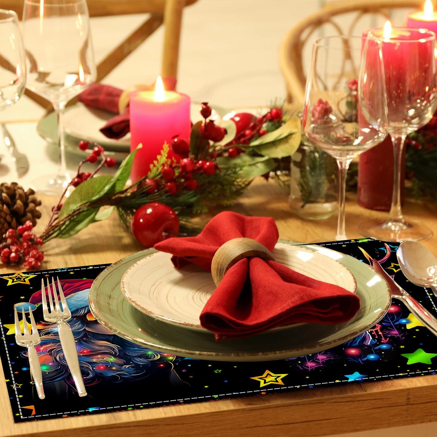 Neon Christmas table mat with white linen starry sky and Santa Claus print