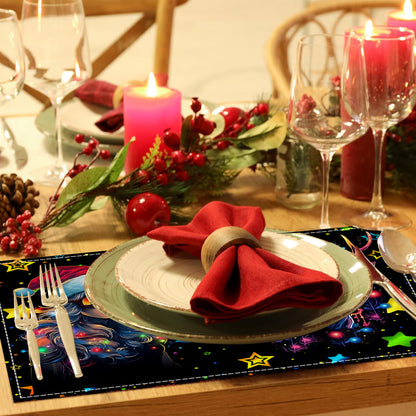 Neon Christmas table mat with white linen starry sky and Santa Claus print