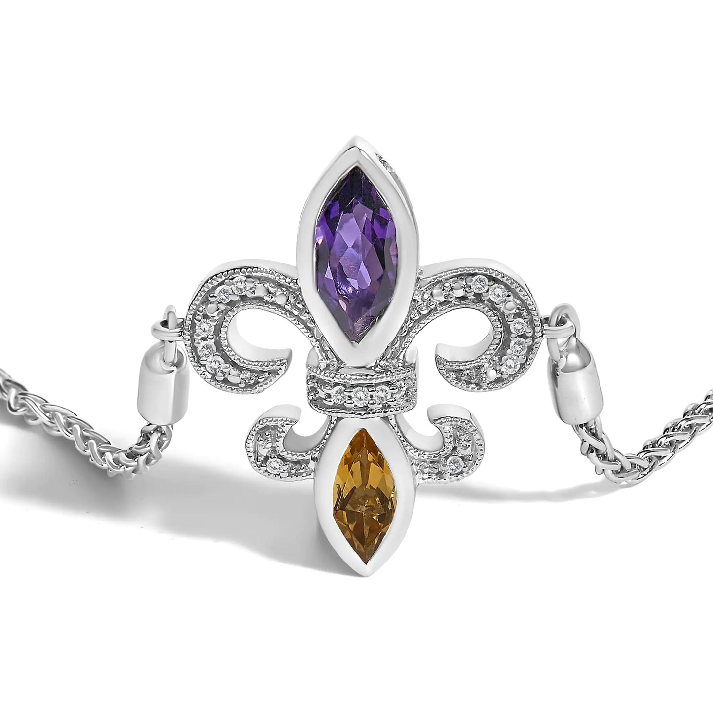 .925 Sterling Silver Marquise Purple Amethyst, Orange Citrine, and Diamond Accent Lariat 4”-10” Fleur De Lis Adjustable Bolo Bracelet (I-J Color, I1-I2 Clarity)