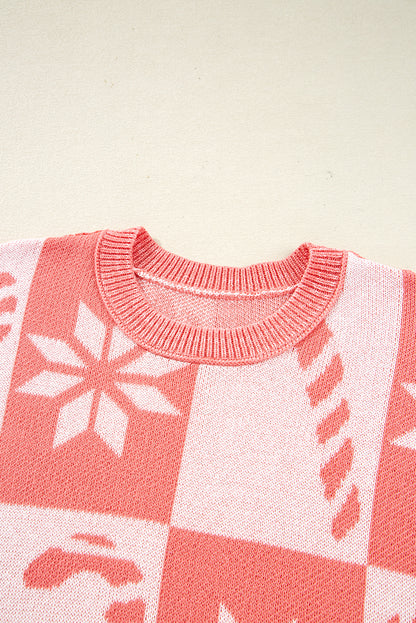 Pink Candycane Snowflake Checker Christmas Holiday Drop Shoulder Tunic Loose Sweater