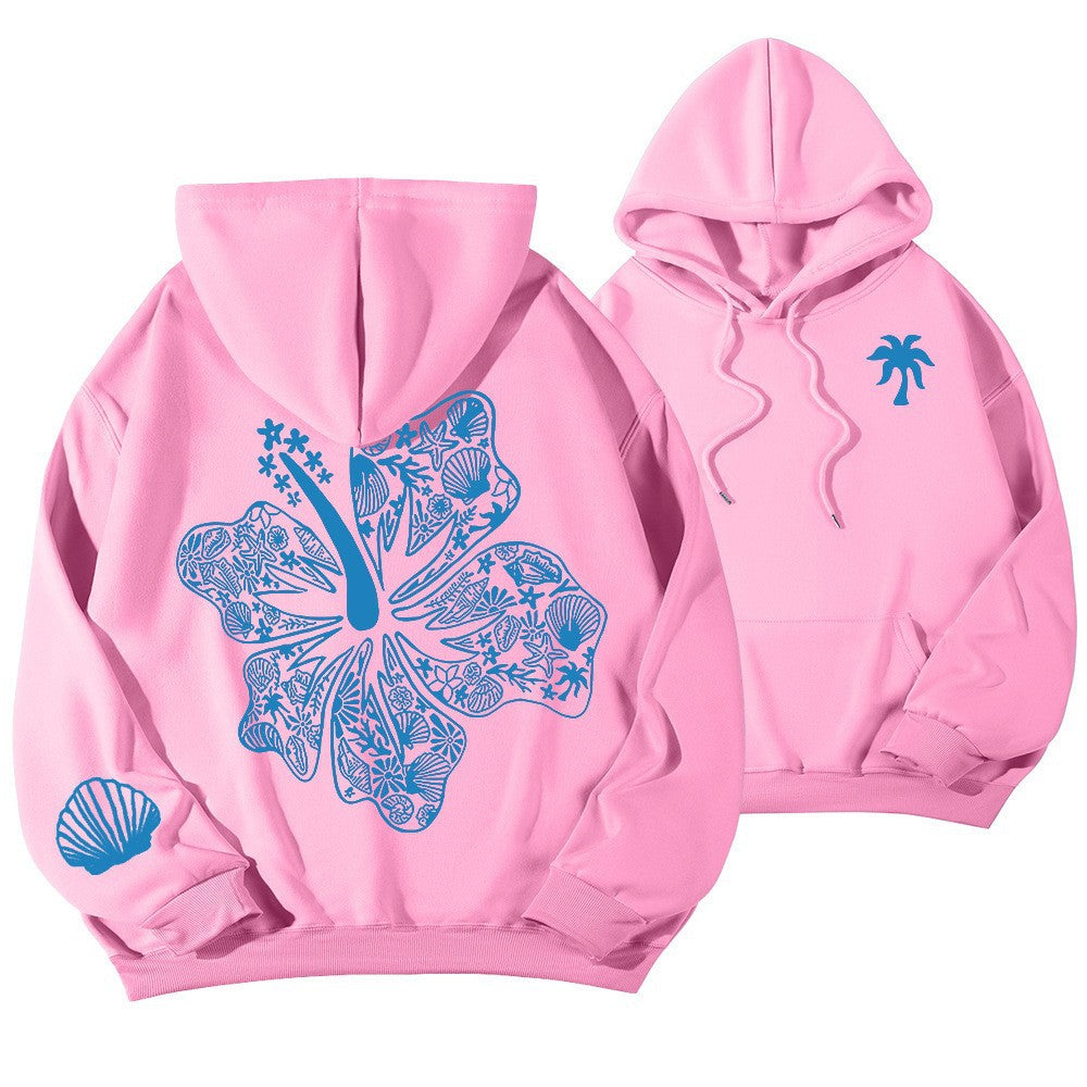Casual Hibiscus Print Hooded Zipper Hoodie