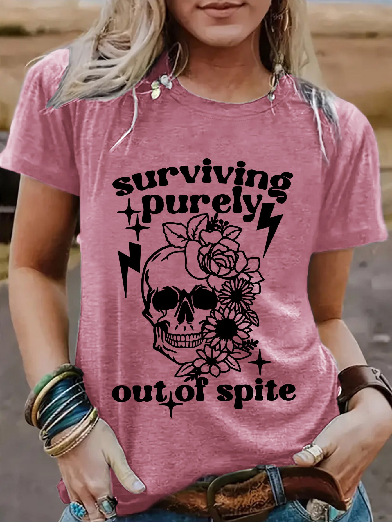 "Surviving Purely Out of Spite" Short-Sleeved T-Shirt with Skull Print