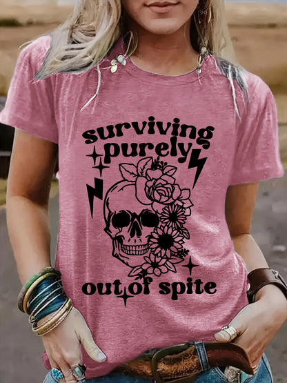 "Surviving Purely Out of Spite" Short-Sleeved T-Shirt with Skull Print