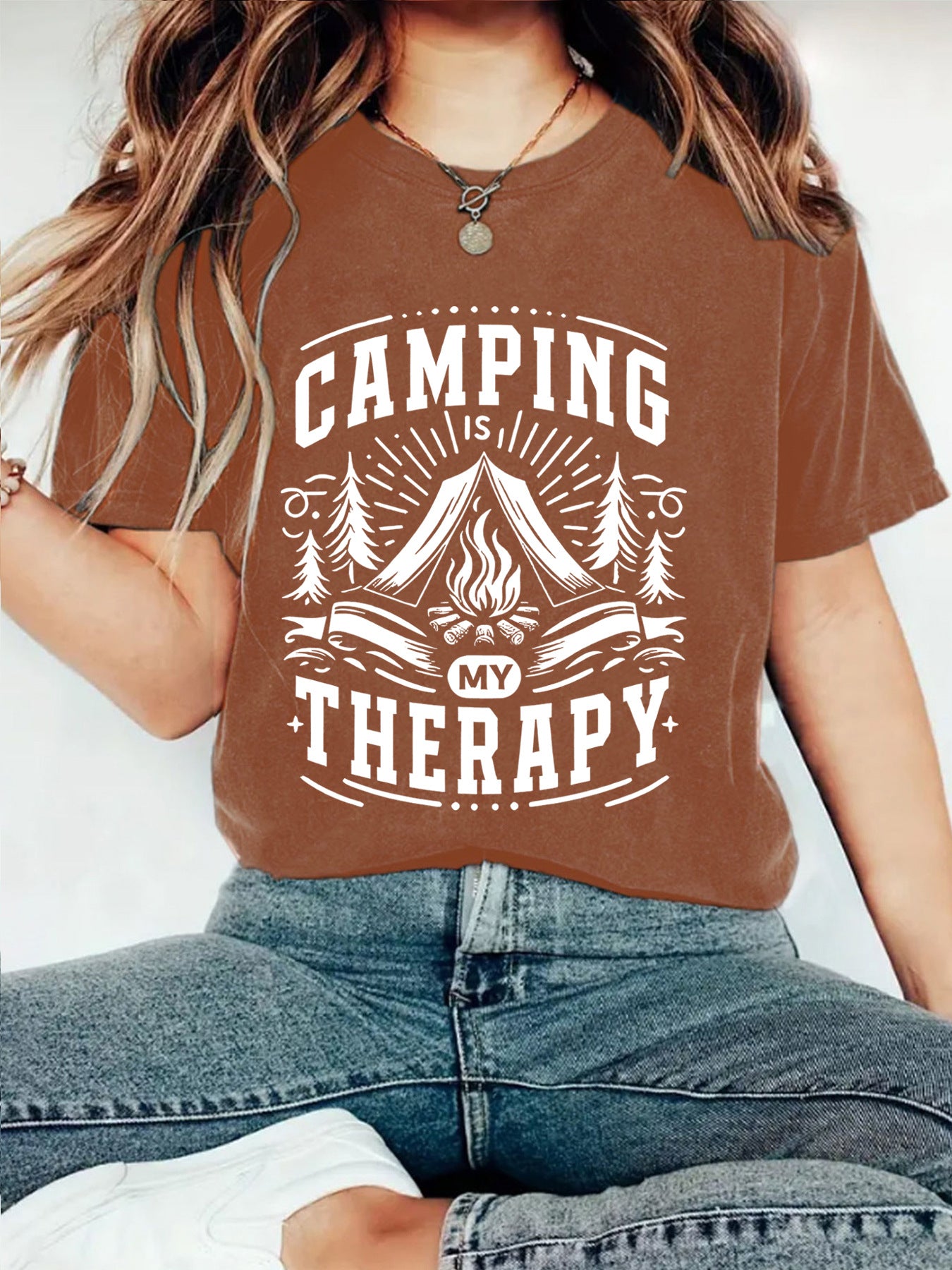 Camping Therapy T-Shirt with Campfire Print