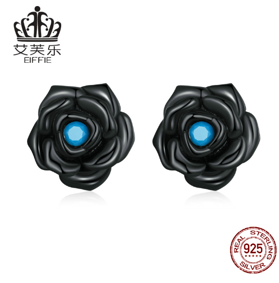 Avelle Original Sterling Silver S925 Black Rose Earrings Simple Black Gold Plated Blue Turquoise Flower Earrings
