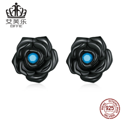Avelle Original Sterling Silver S925 Black Rose Earrings Simple Black Gold Plated Blue Turquoise Flower Earrings