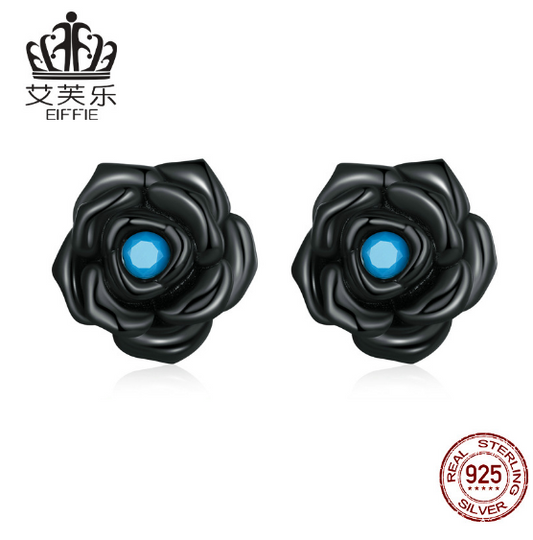 Avelle Original Sterling Silver S925 Black Rose Earrings Simple Black Gold Plated Blue Turquoise Flower Earrings