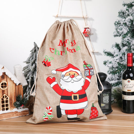 Christmas decorative items, Christmas printed linen gift bags, Santa Claus backpacks, candy bags, apple bags