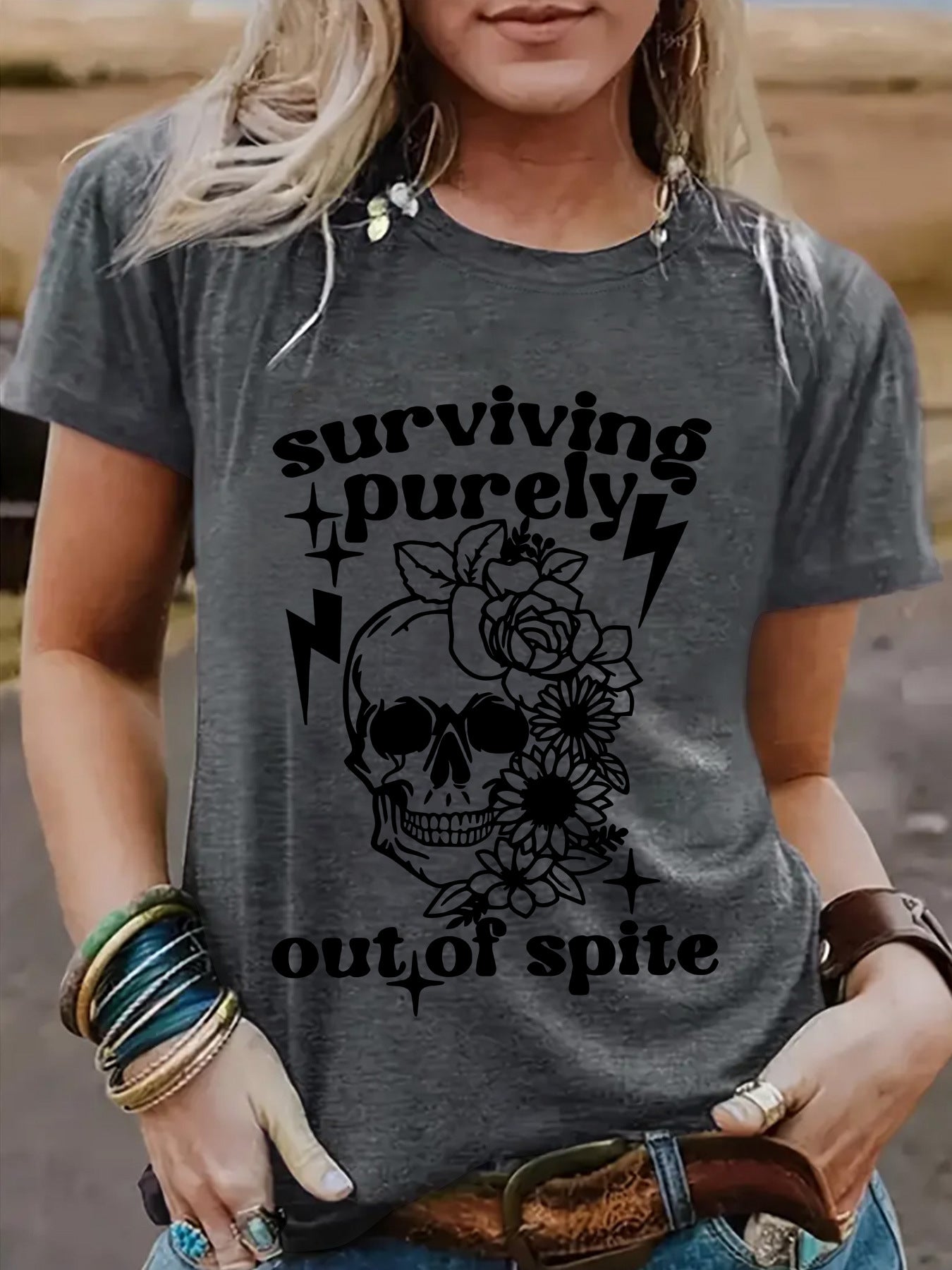 "Surviving Purely Out of Spite" Short-Sleeved T-Shirt with Skull Print