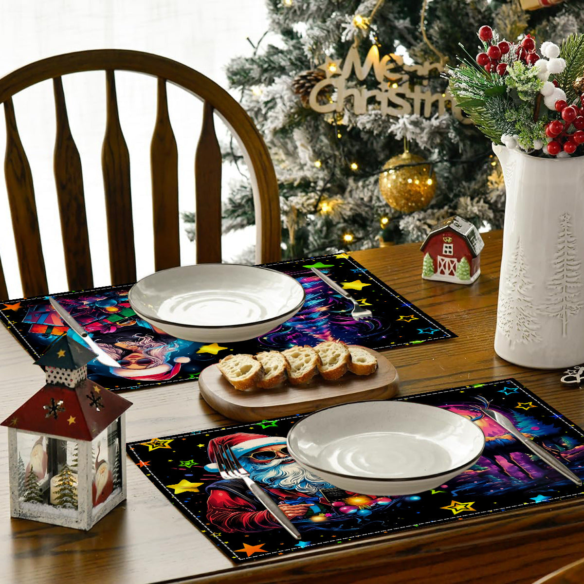 Neon Christmas table mat with white linen starry sky and Santa Claus print