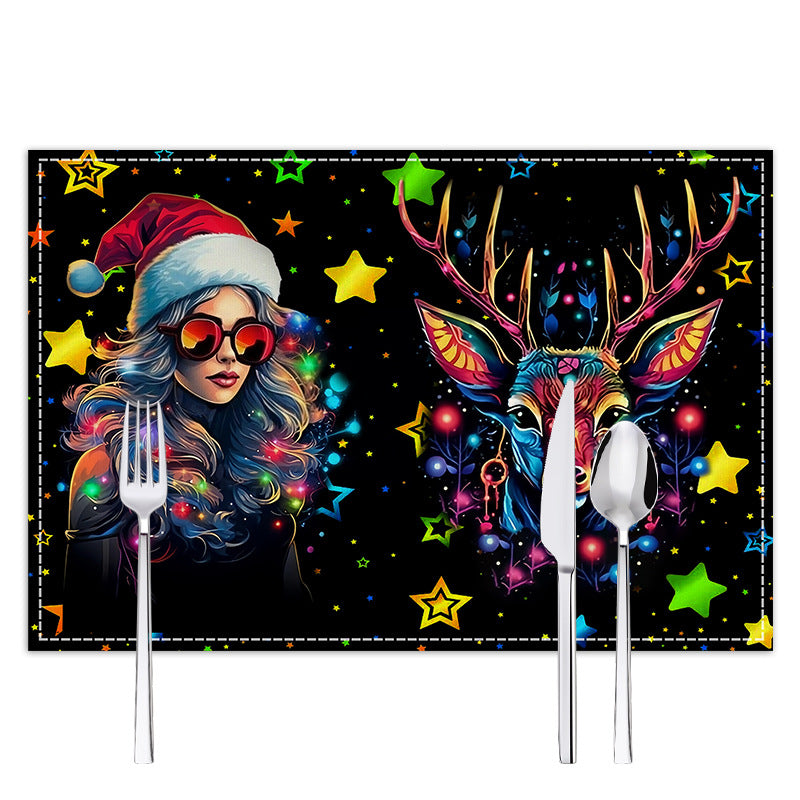 Neon Christmas table mat with white linen starry sky and Santa Claus print
