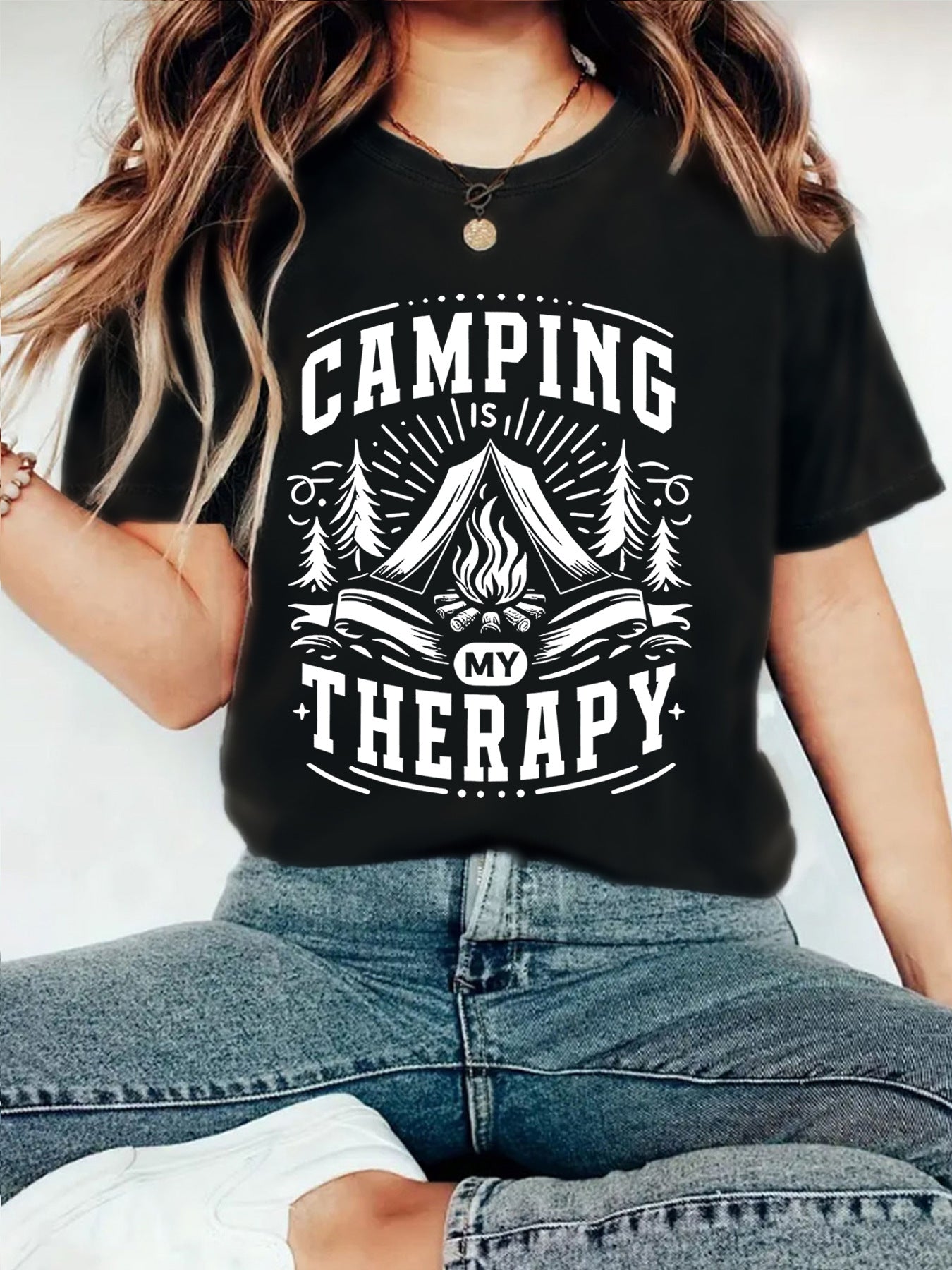 Camping Therapy T-Shirt with Campfire Print