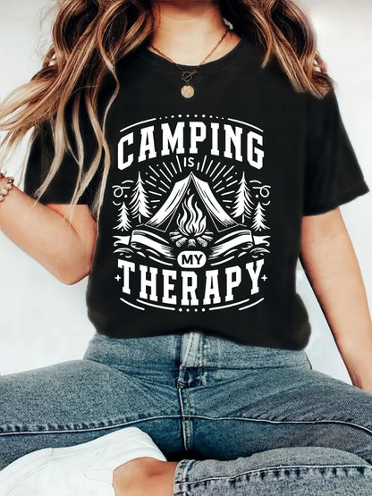 Camping Therapy T-Shirt with Campfire Print