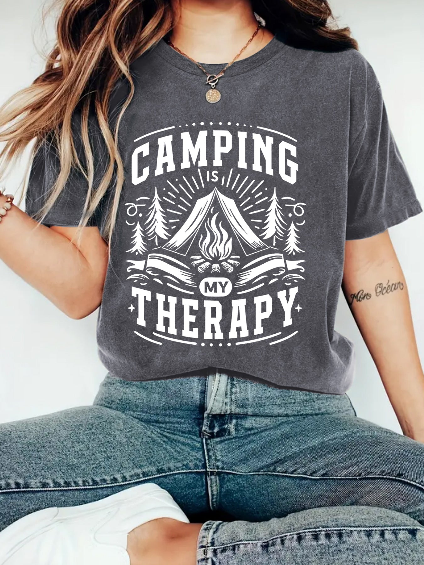Camping Therapy T-Shirt with Campfire Print