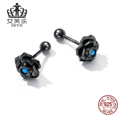 Avelle Original Sterling Silver S925 Black Rose Earrings Simple Black Gold Plated Blue Turquoise Flower Earrings