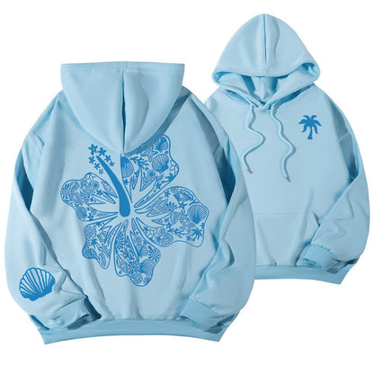 Casual Hibiscus Print Hooded Zipper Hoodie