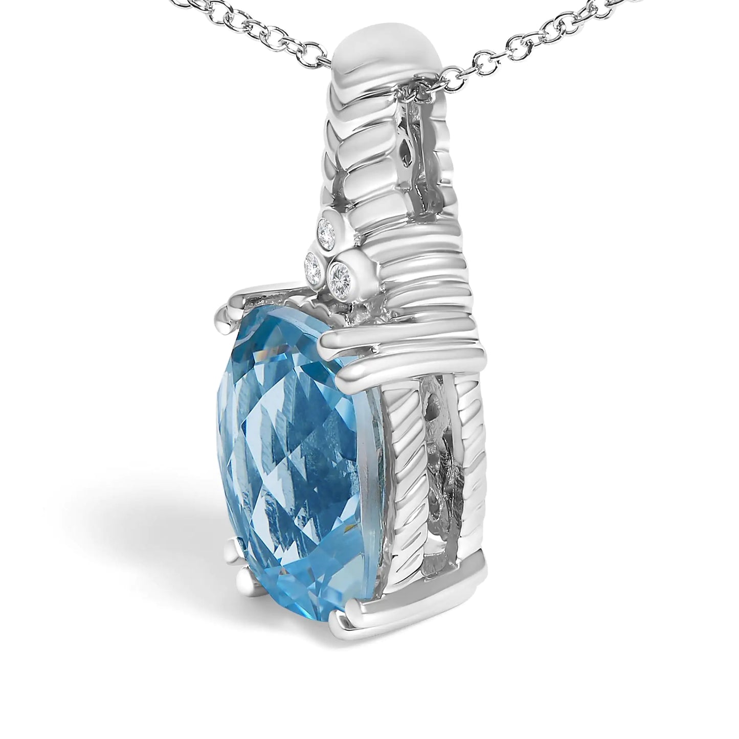 Blue Topaz and Diamond Accent Textured Pendant Necklace - 18" Inches .925 Sterling Silver