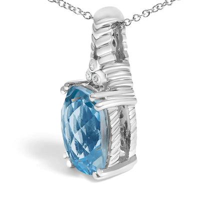 Blue Topaz and Diamond Accent Textured Pendant Necklace - 18" Inches .925 Sterling Silver