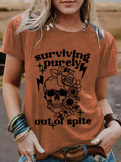 "Surviving Purely Out of Spite" Short-Sleeved T-Shirt with Skull Print