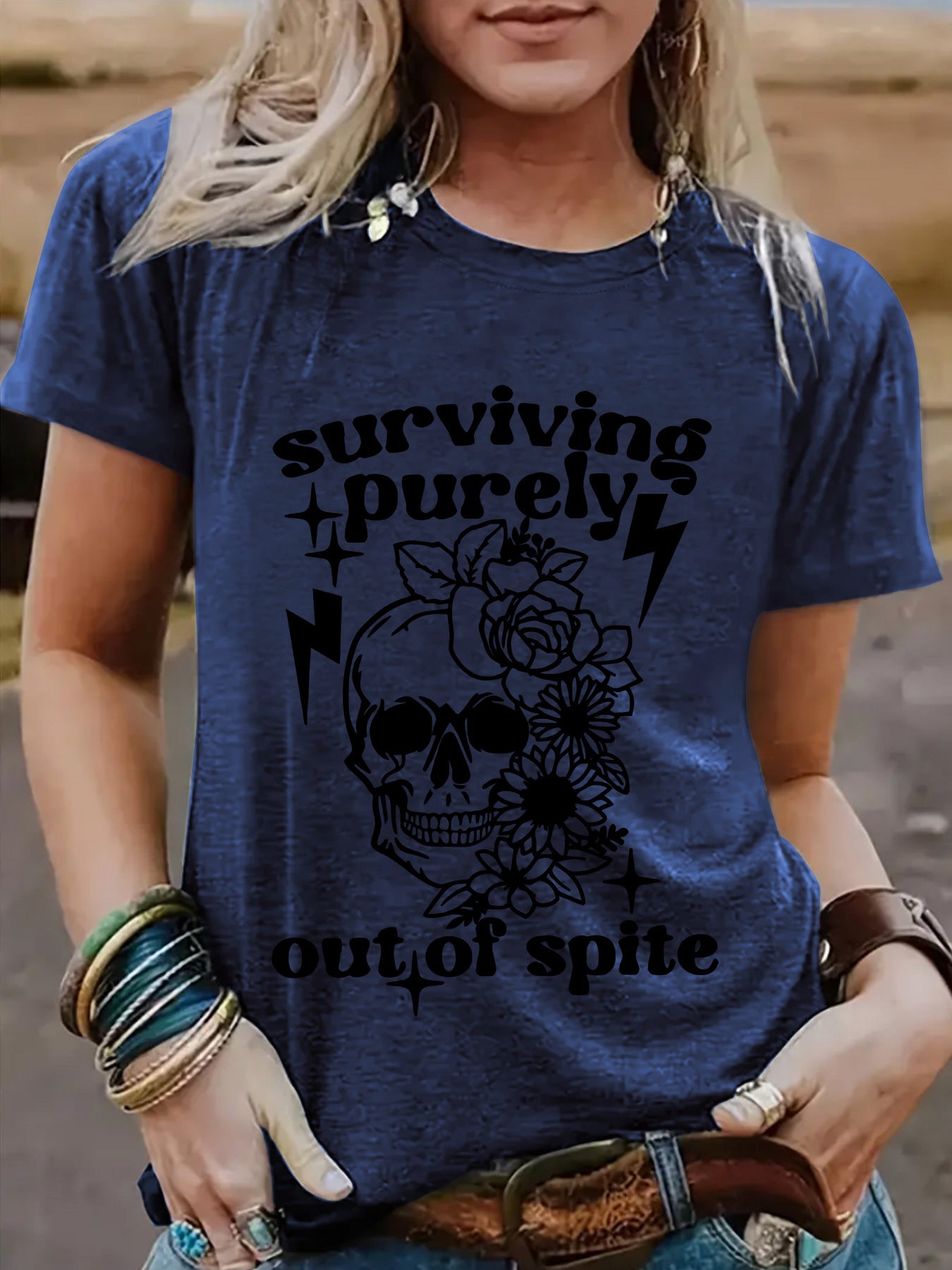 "Surviving Purely Out of Spite" Short-Sleeved T-Shirt with Skull Print
