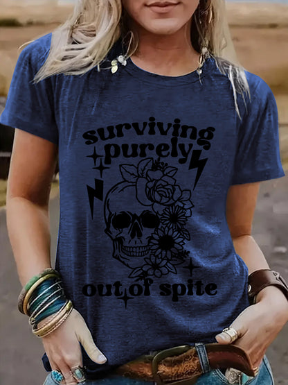 "Surviving Purely Out of Spite" Short-Sleeved T-Shirt with Skull Print