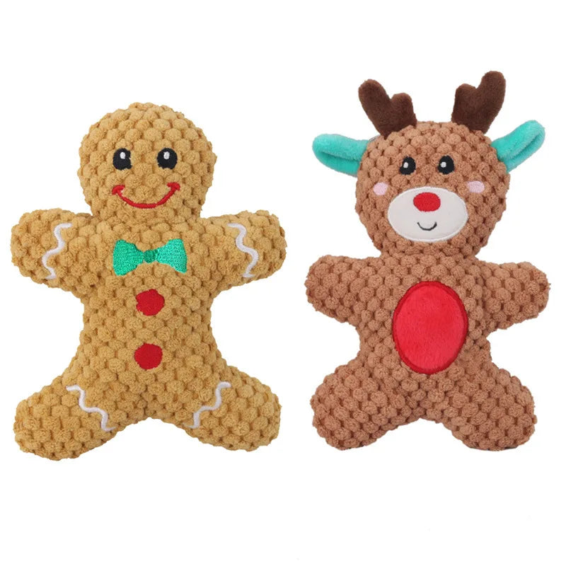 Christmas Pet Dog Plush Noise Chewing Toy Santa Elk Gingerbread Man Donut Cat Dog Christmas Series Cartoon Dog Toy Plush Squeak Toy