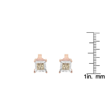 14K Rose Gold Plated Two-Tone .925 Sterling Silver 1/2 Cttw Princess-Cut Square Diamond Solitaire Miracle-Plate Stud Earrings (K-L Color, I2-I3 Clarity)