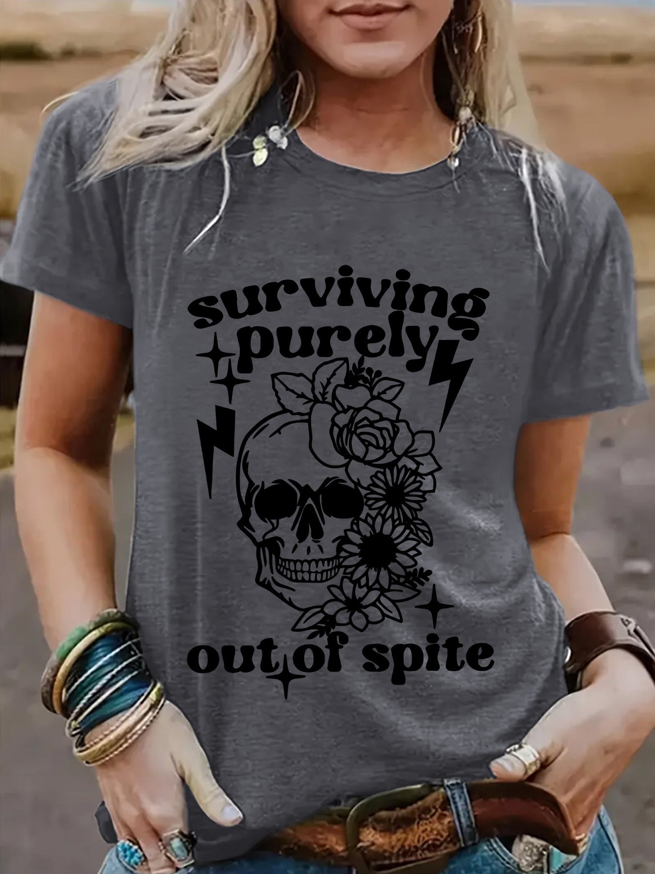 "Surviving Purely Out of Spite" Short-Sleeved T-Shirt with Skull Print