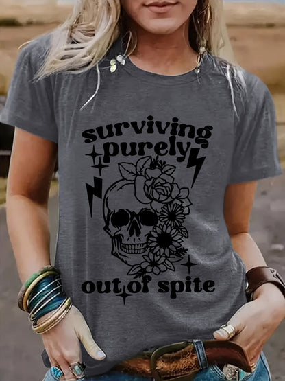 "Surviving Purely Out of Spite" Short-Sleeved T-Shirt with Skull Print