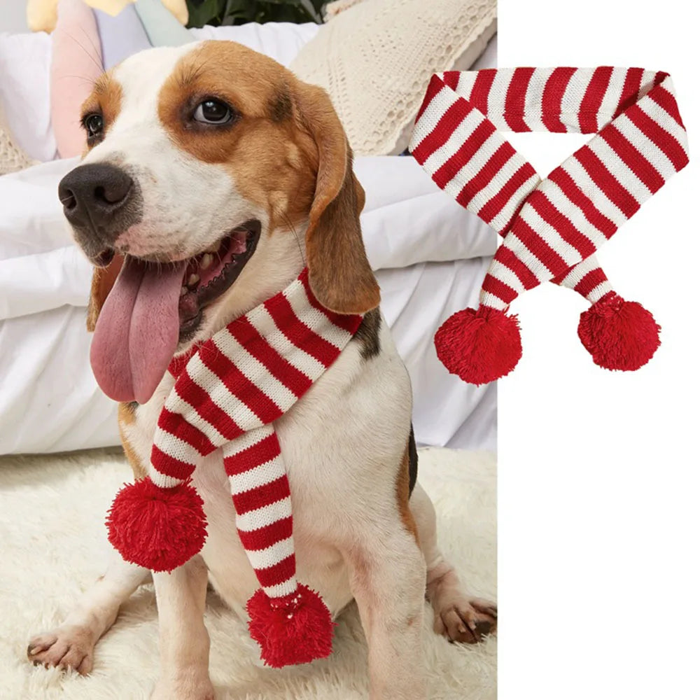 Christmas Dog Scarf Knitted Elk Scarf Striped Hair Ball Pet Scarf Outdoor Winter Warm Cat Dog Scarves Puppy Collar Pet Supplies