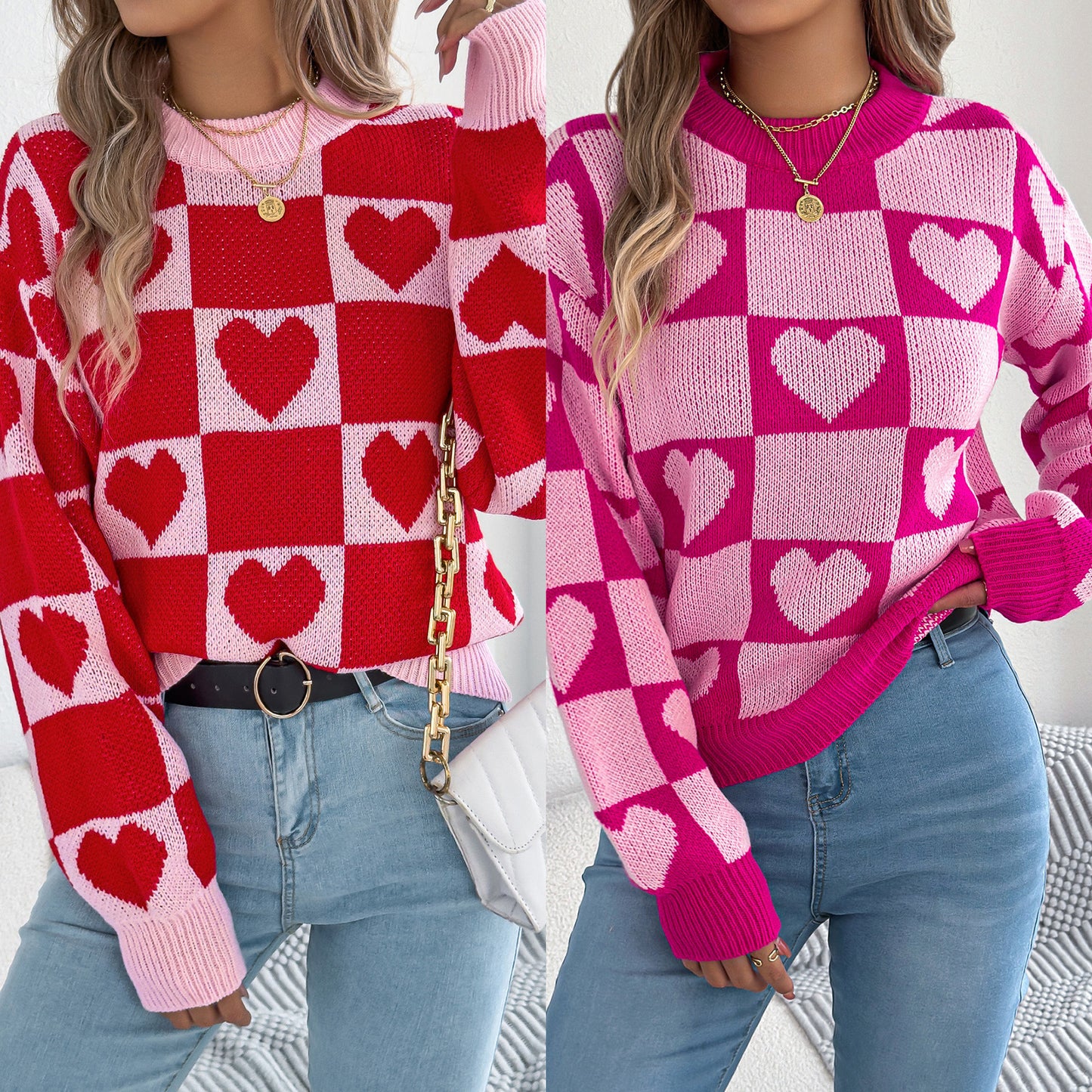 Love grid lantern long sleeved pullover sweater