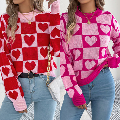 Love grid lantern long sleeved pullover sweater