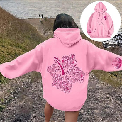 Casual Hibiscus Print Hooded Zipper Hoodie