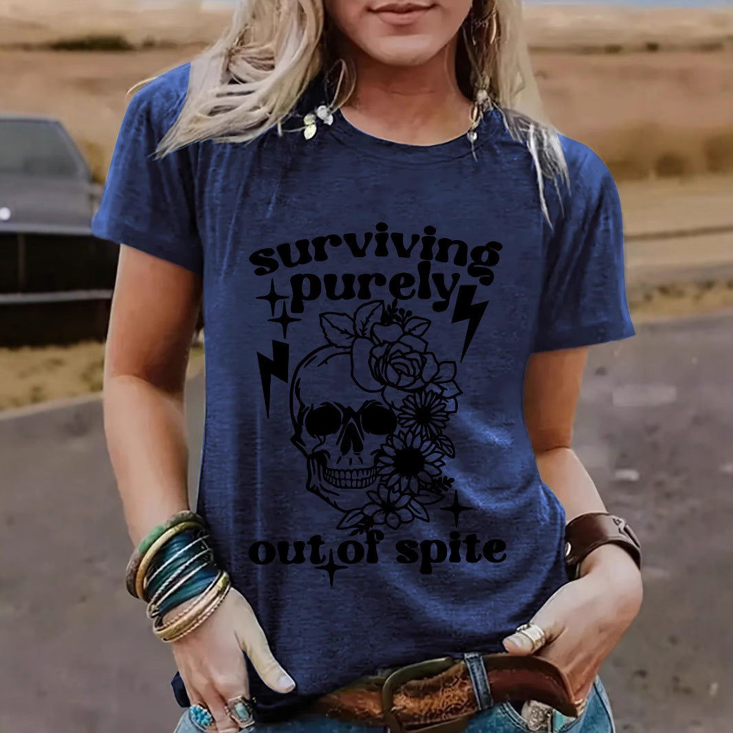 "Surviving Purely Out of Spite" Short-Sleeved T-Shirt with Skull Print