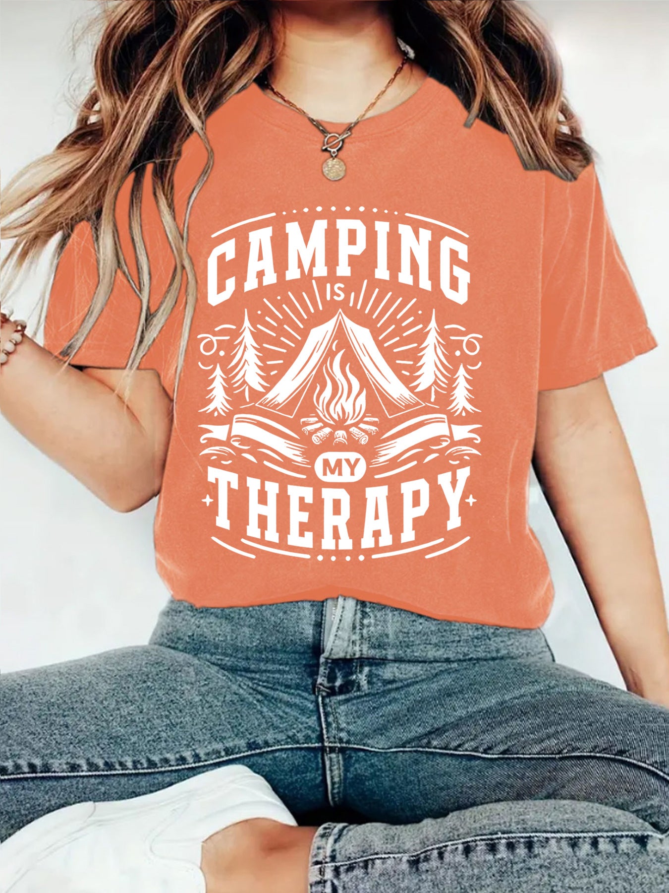 Camping Therapy T-Shirt with Campfire Print