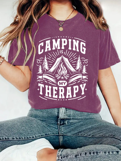 Camping Therapy T-Shirt with Campfire Print