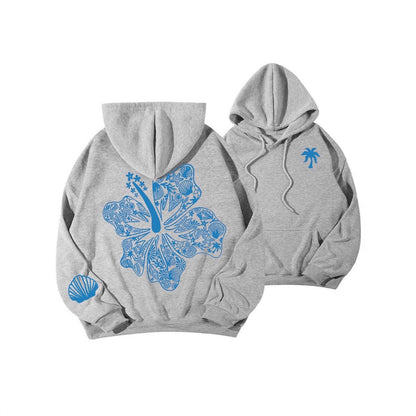 Casual Hibiscus Print Hooded Zipper Hoodie