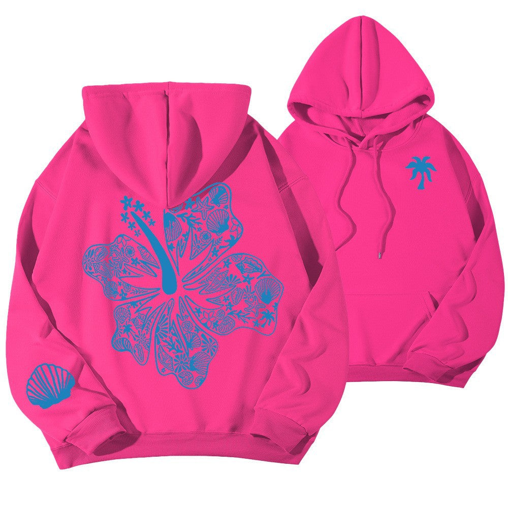 Casual Hibiscus Print Hooded Zipper Hoodie