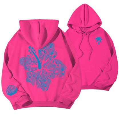 Casual Hibiscus Print Hooded Zipper Hoodie
