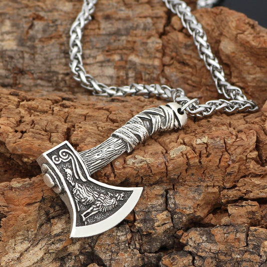 Men's Viking Celtic Wolf Crow Axe Pendant Rune Necklace Charm Nordic Amulet Jewelry