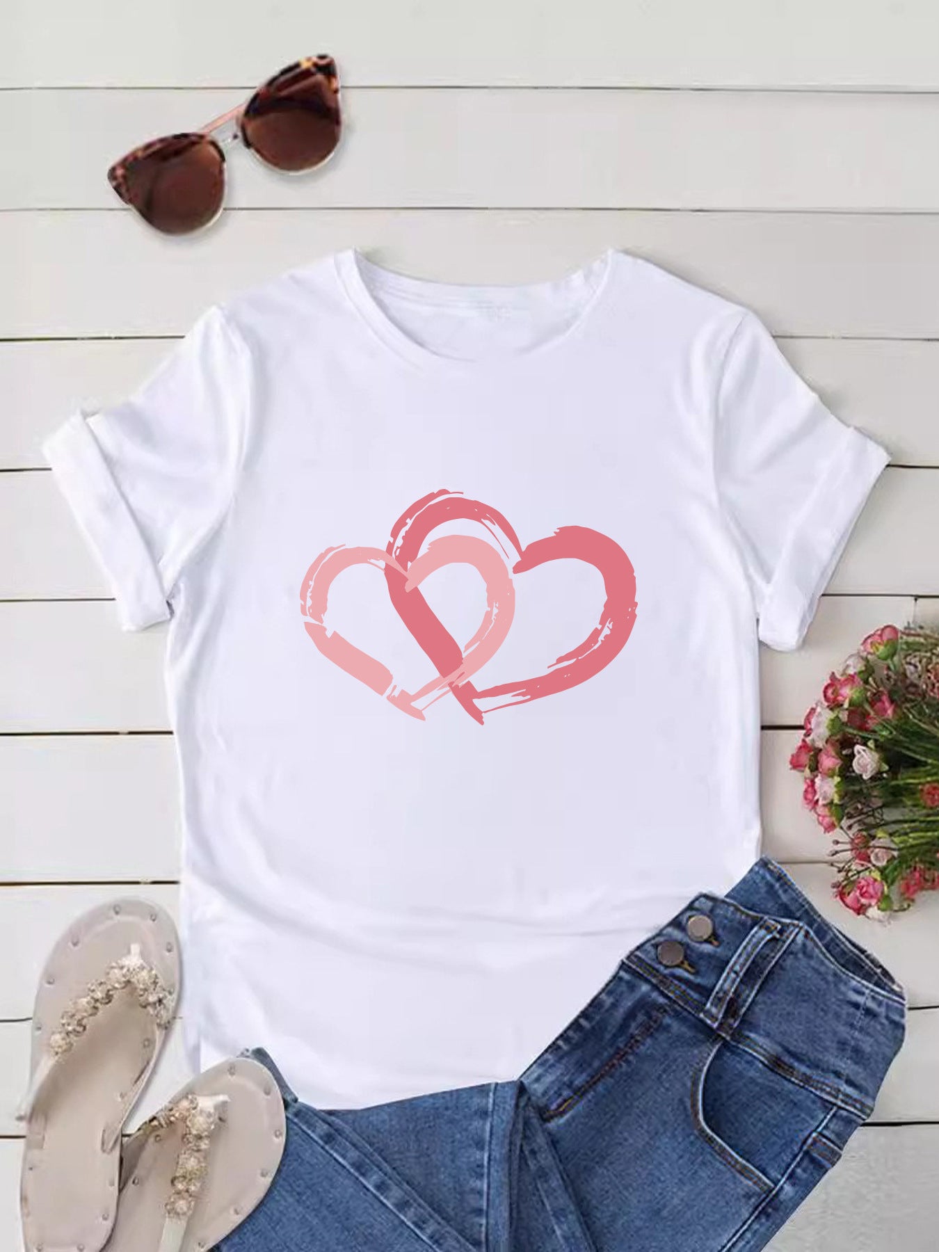 Love pattern printed round neck short sleeved shirt