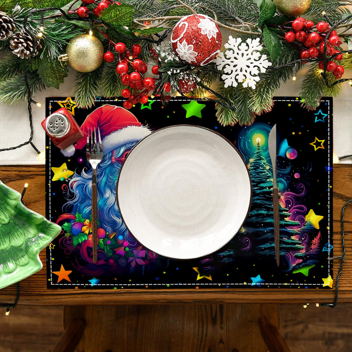 Neon Christmas table mat with white linen starry sky and Santa Claus print