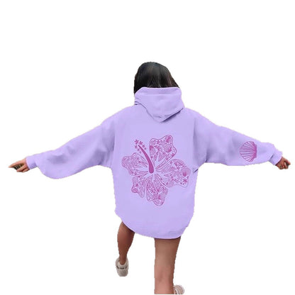 Casual Hibiscus Print Hooded Zipper Hoodie