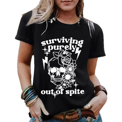 "Surviving Purely Out of Spite" Short-Sleeved T-Shirt with Skull Print