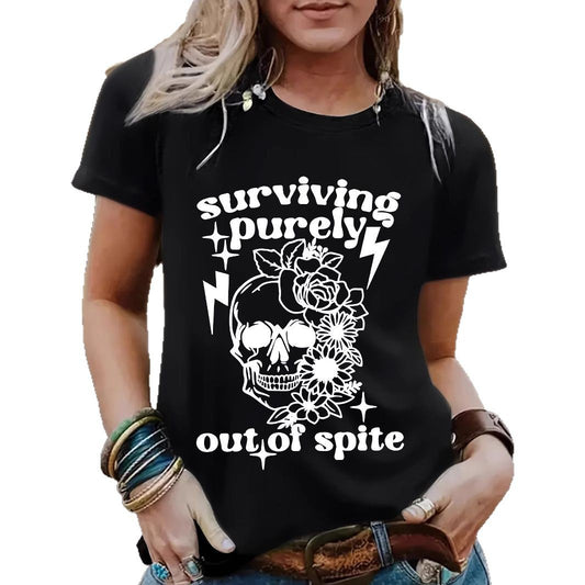 "Surviving Purely Out of Spite" Short-Sleeved T-Shirt with Skull Print